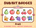 Fruit Twitch sub badge pack featuring 10 subscriber badges with different fruit designs.