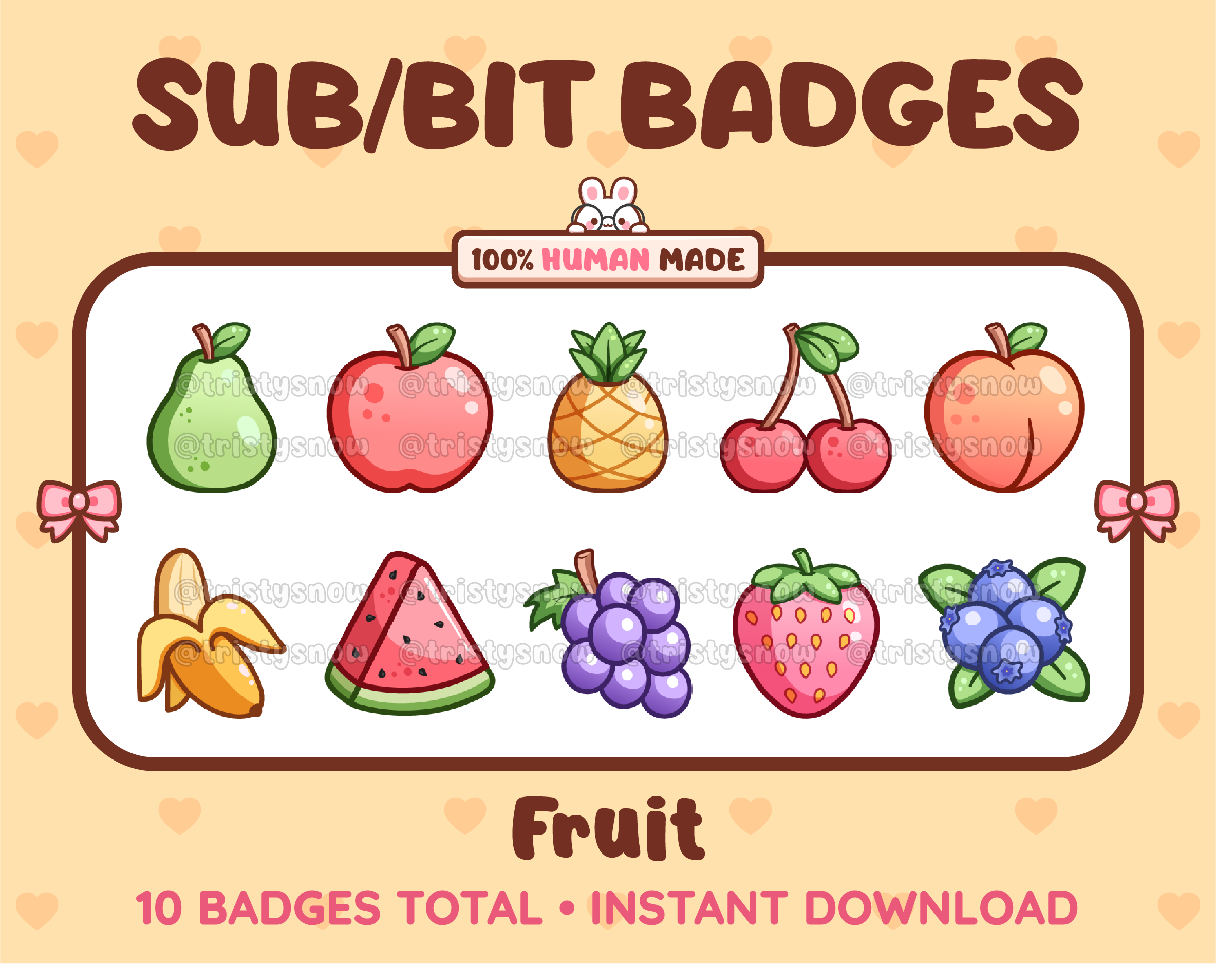 Fruit Twitch sub badge pack featuring 10 subscriber badges with different fruit designs.