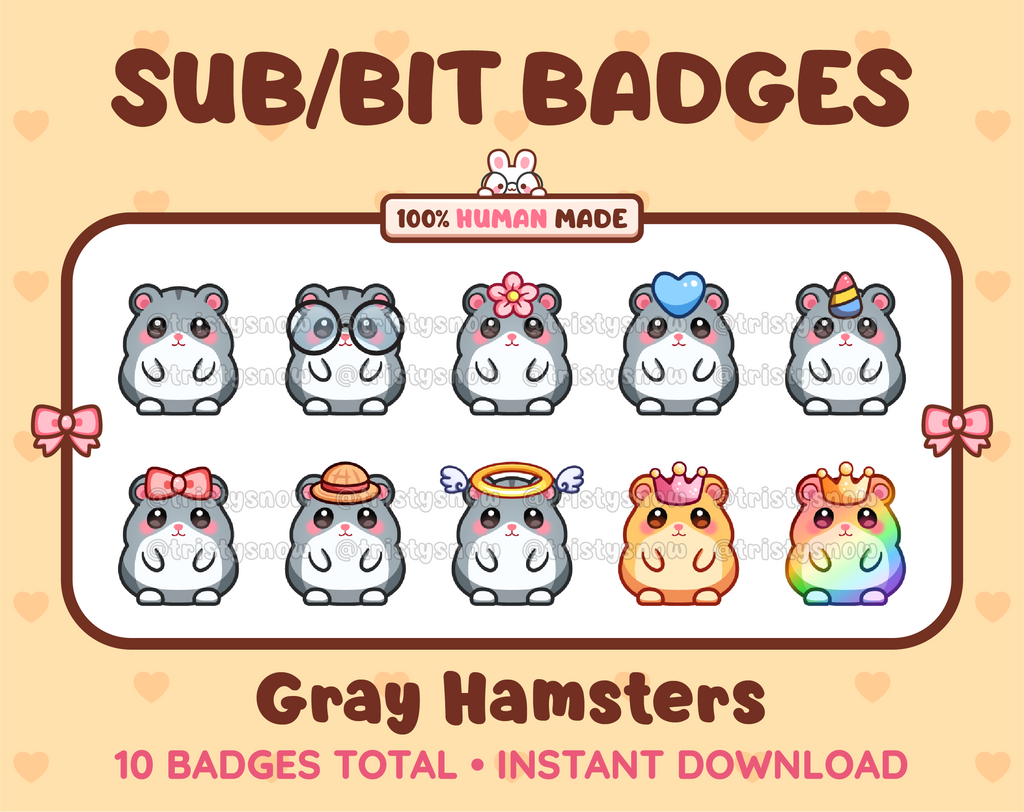 Gray Hamster Twitch sub badge pack featuring 10 subscriber badges with progressive addon elements.