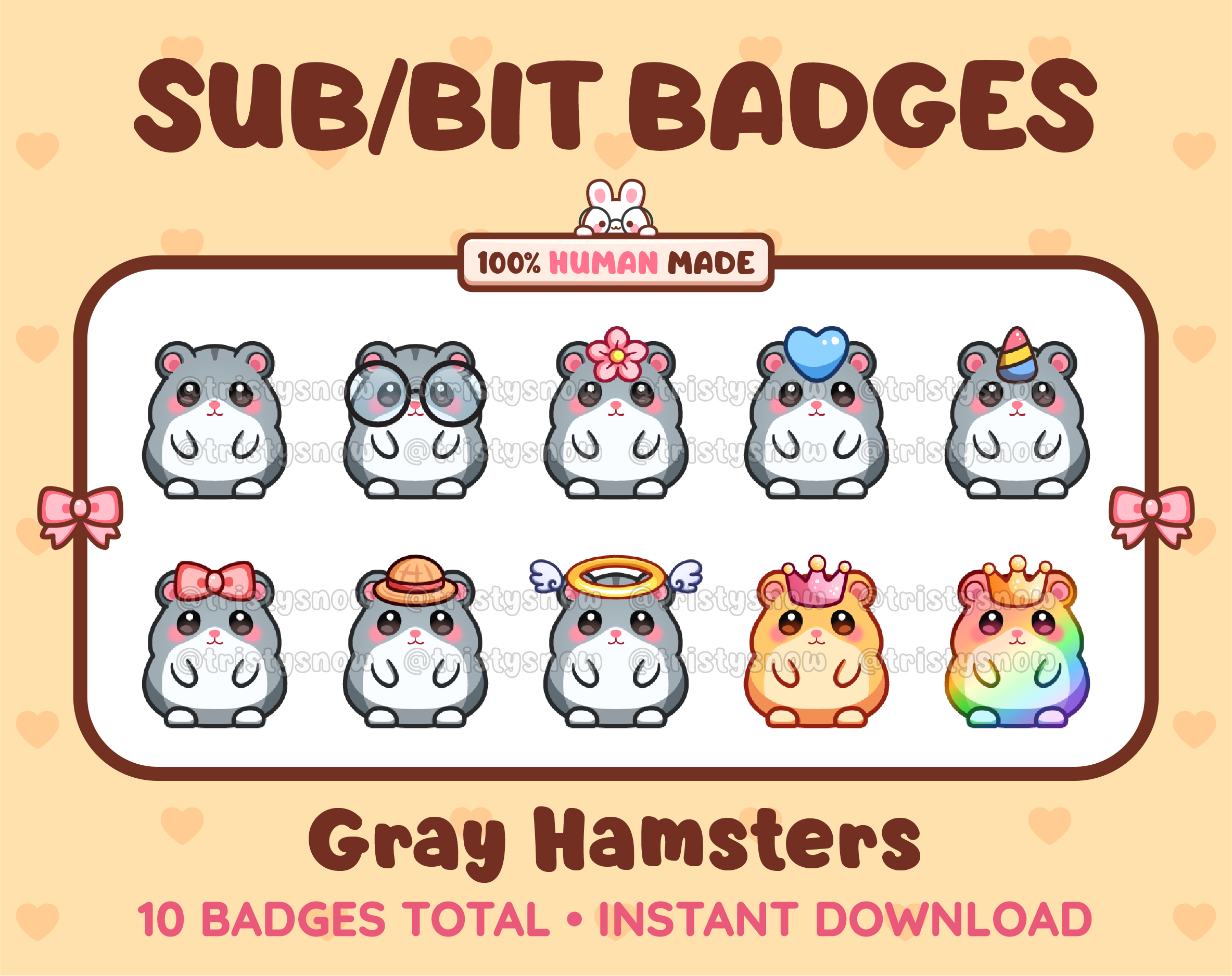 Gray Hamster Twitch sub badge pack featuring 10 subscriber badges with progressive addon elements.