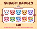 Cat Twitch sub badge pack featuring 10 subscriber badges in multiple color variations.