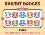 Cat Twitch sub badge pack featuring 10 subscriber badges in multiple color variations.