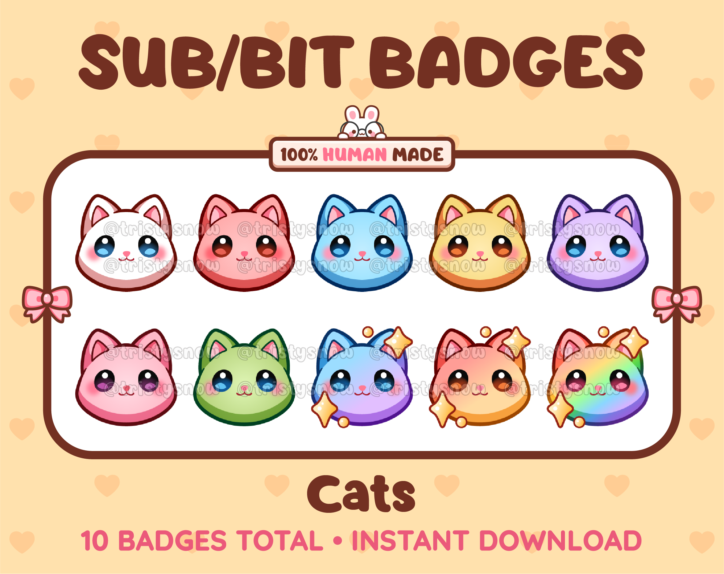 Cat Twitch sub badge pack featuring 10 subscriber badges in multiple color variations.