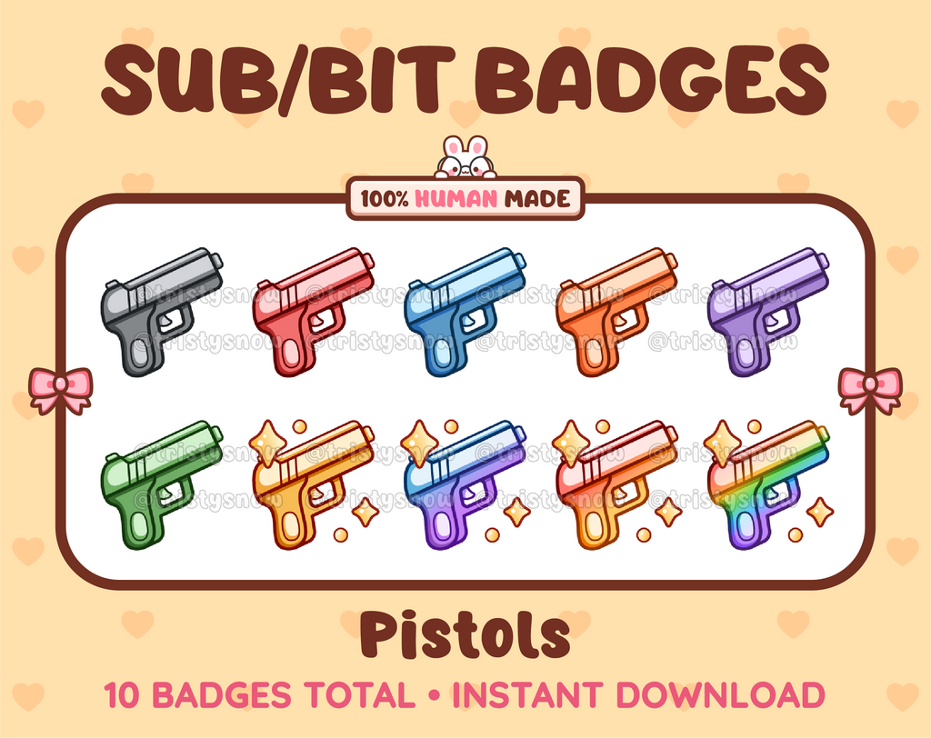 Pistol Twitch sub badge pack featuring 10 subscriber badges in multiple color variations.