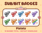 Pistol Twitch sub badge pack featuring 10 subscriber badges in multiple color variations.