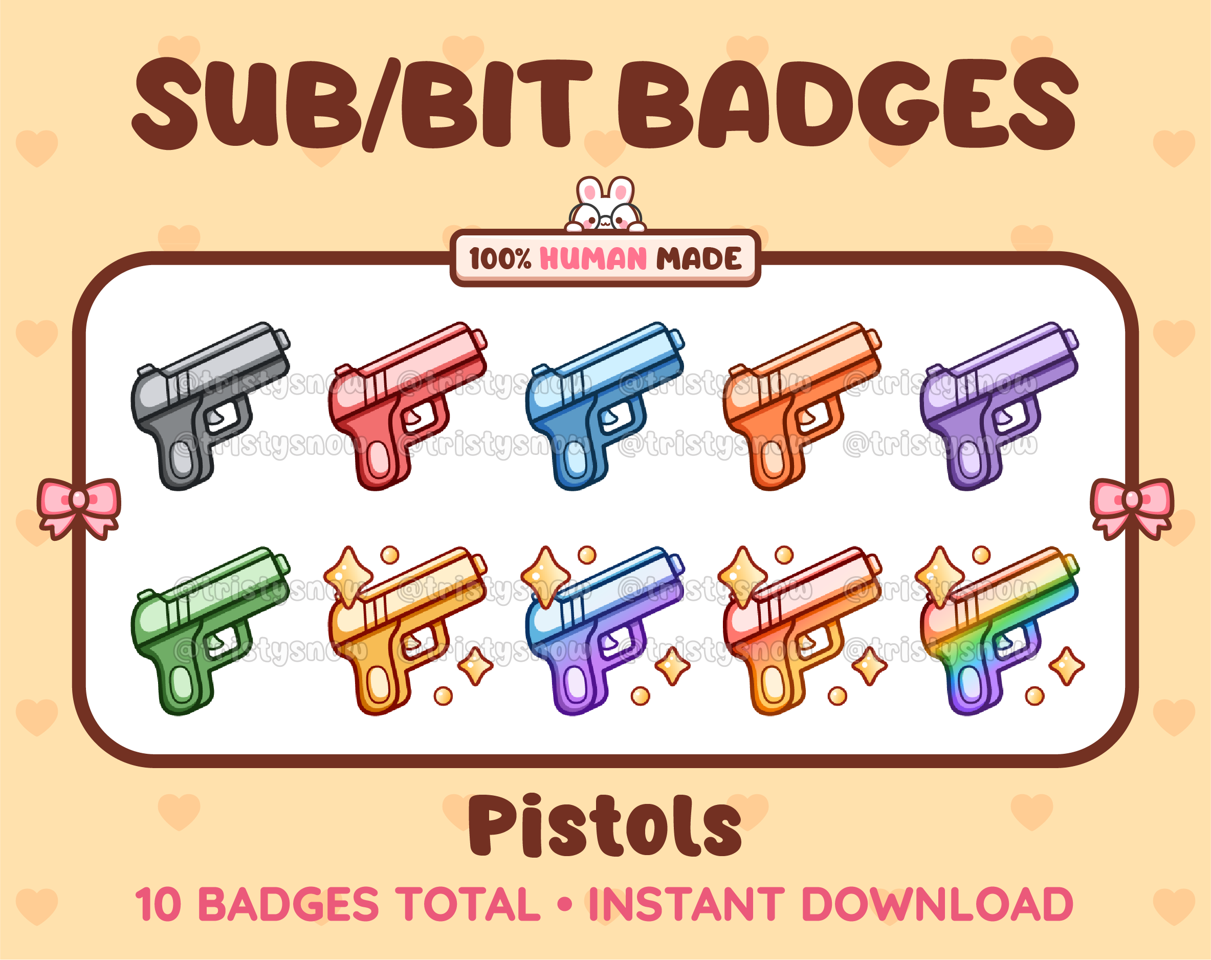 Pistol Twitch sub badge pack featuring 10 subscriber badges in multiple color variations.