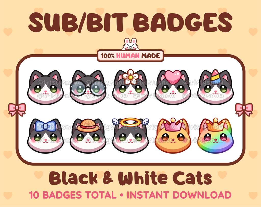 Black and white Cat Twitch sub badge pack featuring 10 subscriber badges with progressive addon elements.