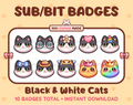 Black and white Cat Twitch sub badge pack featuring 10 subscriber badges with progressive addon elements.