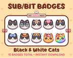 Black and white Cat Twitch sub badge pack featuring 10 subscriber badges with progressive addon elements.