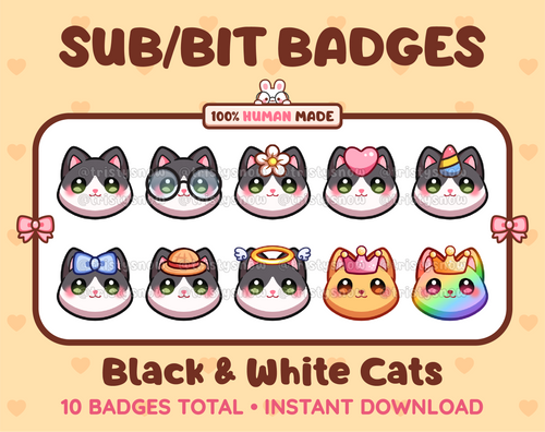 Black and white Cat Twitch sub badge pack featuring 10 subscriber badges with progressive addon elements.