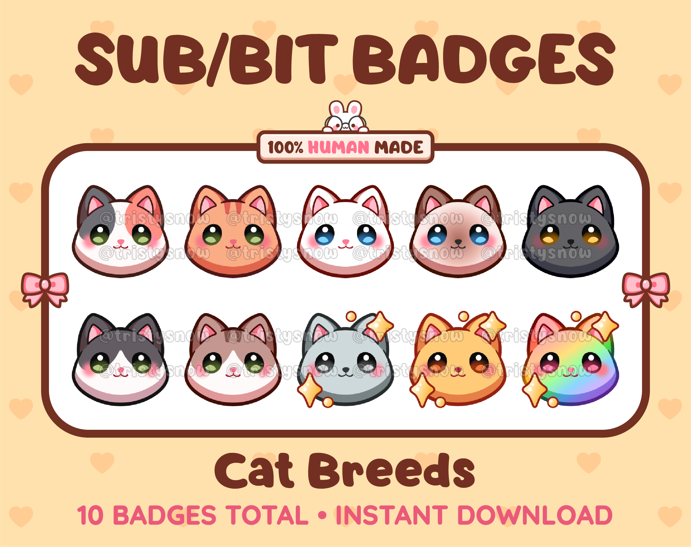 Cat breed Twitch sub badge pack featuring 10 subscriber badges in multiple color variations.