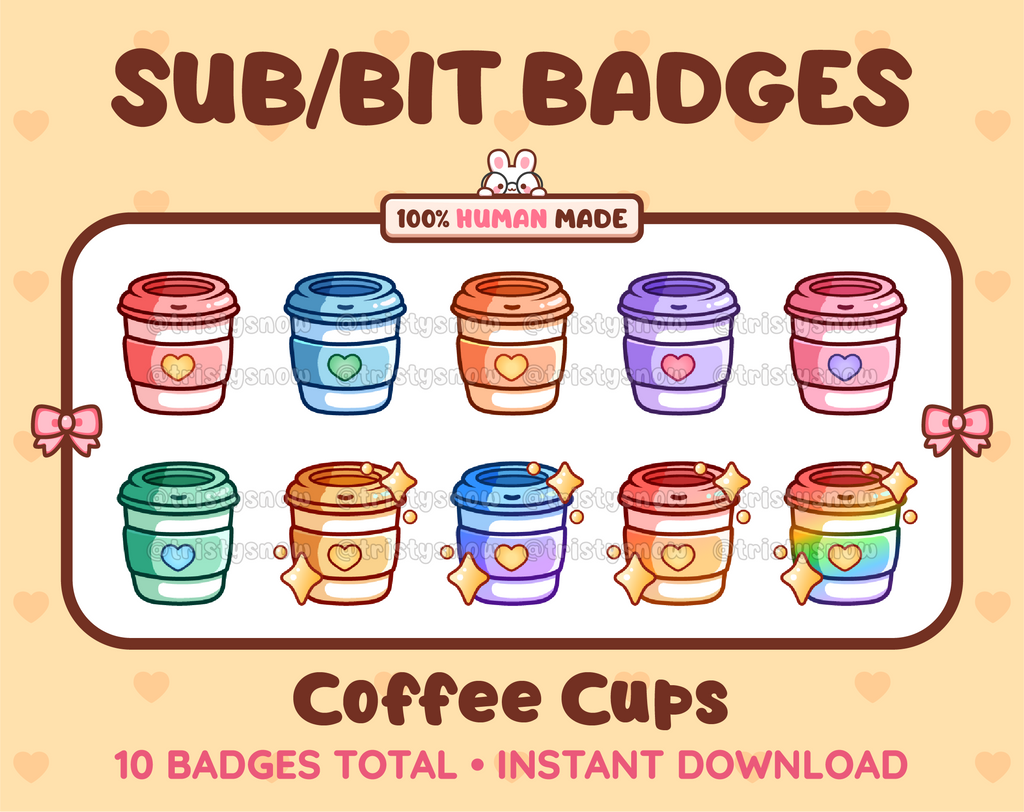 Coffee Cup Twitch sub badge pack featuring 10 subscriber badges in multiple color variations.