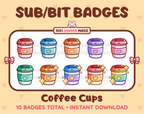 Coffee Cup Twitch sub badge pack featuring 10 subscriber badges in multiple color variations.