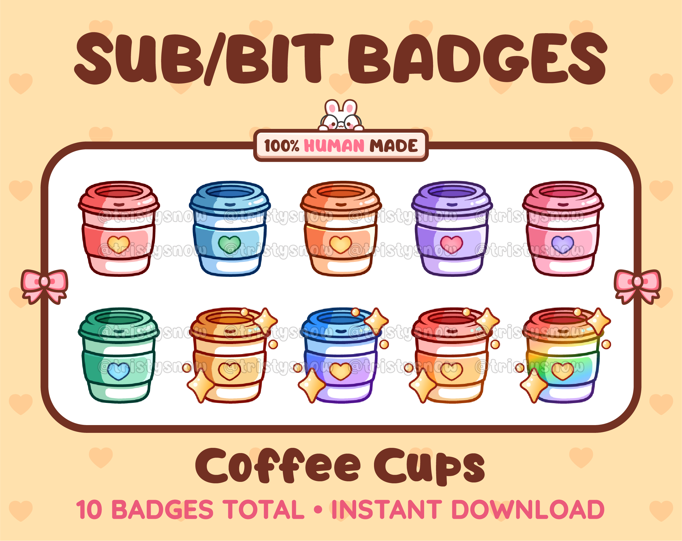 Coffee Cup Twitch sub badge pack featuring 10 subscriber badges in multiple color variations.