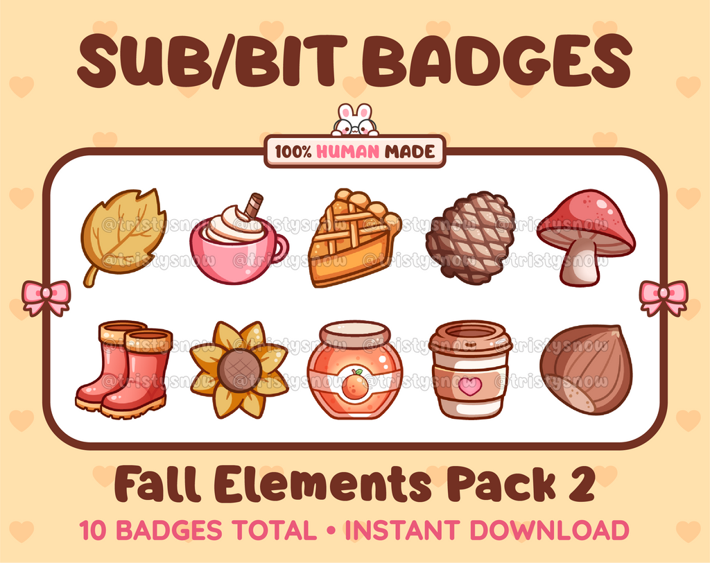 Fall Elements Twitch sub badge pack featuring 10 subscriber badges with different fall-themed designs.