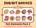 Fall Elements Twitch sub badge pack featuring 10 subscriber badges with different fall-themed designs.