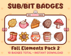 Fall Elements Twitch sub badge pack featuring 10 subscriber badges with different fall-themed designs.