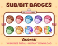 Acorn Twitch sub badge pack featuring 10 subscriber badges in multiple color variations.