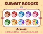Acorn Twitch sub badge pack featuring 10 subscriber badges in multiple color variations.