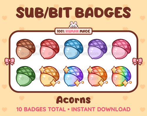 Acorn Twitch sub badge pack featuring 10 subscriber badges in multiple color variations.