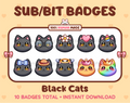Black Cat Twitch sub badge pack featuring 10 subscriber badges with progressive addon elements.