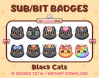 Black Cat Twitch sub badge pack featuring 10 subscriber badges with progressive addon elements.