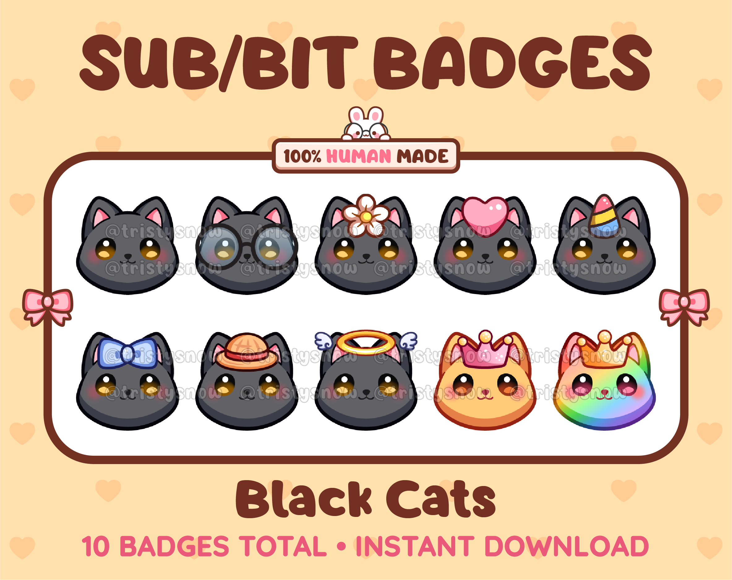 Black Cat Twitch sub badge pack featuring 10 subscriber badges with progressive addon elements.