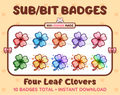 Four Leaf Clover Twitch sub badge pack featuring 10 subscriber badges in multiple color variations.