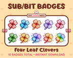 Four Leaf Clover Twitch sub badge pack featuring 10 subscriber badges in multiple color variations.
