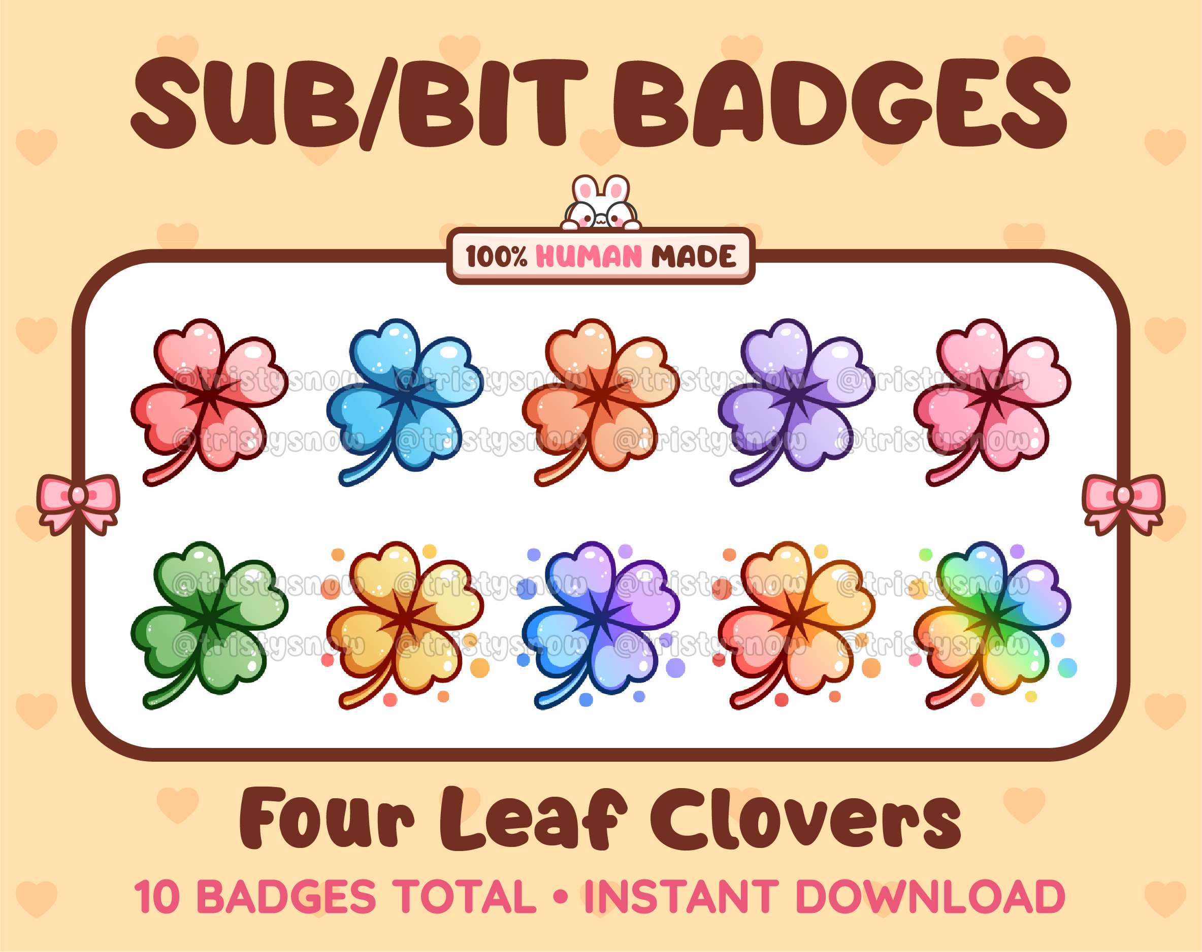 Four Leaf Clover Twitch sub badge pack featuring 10 subscriber badges in multiple color variations.