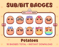 Potato Twitch sub badge pack featuring 10 subscriber badges with progressive addon elements.