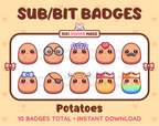 Potato Twitch sub badge pack featuring 10 subscriber badges with progressive addon elements.