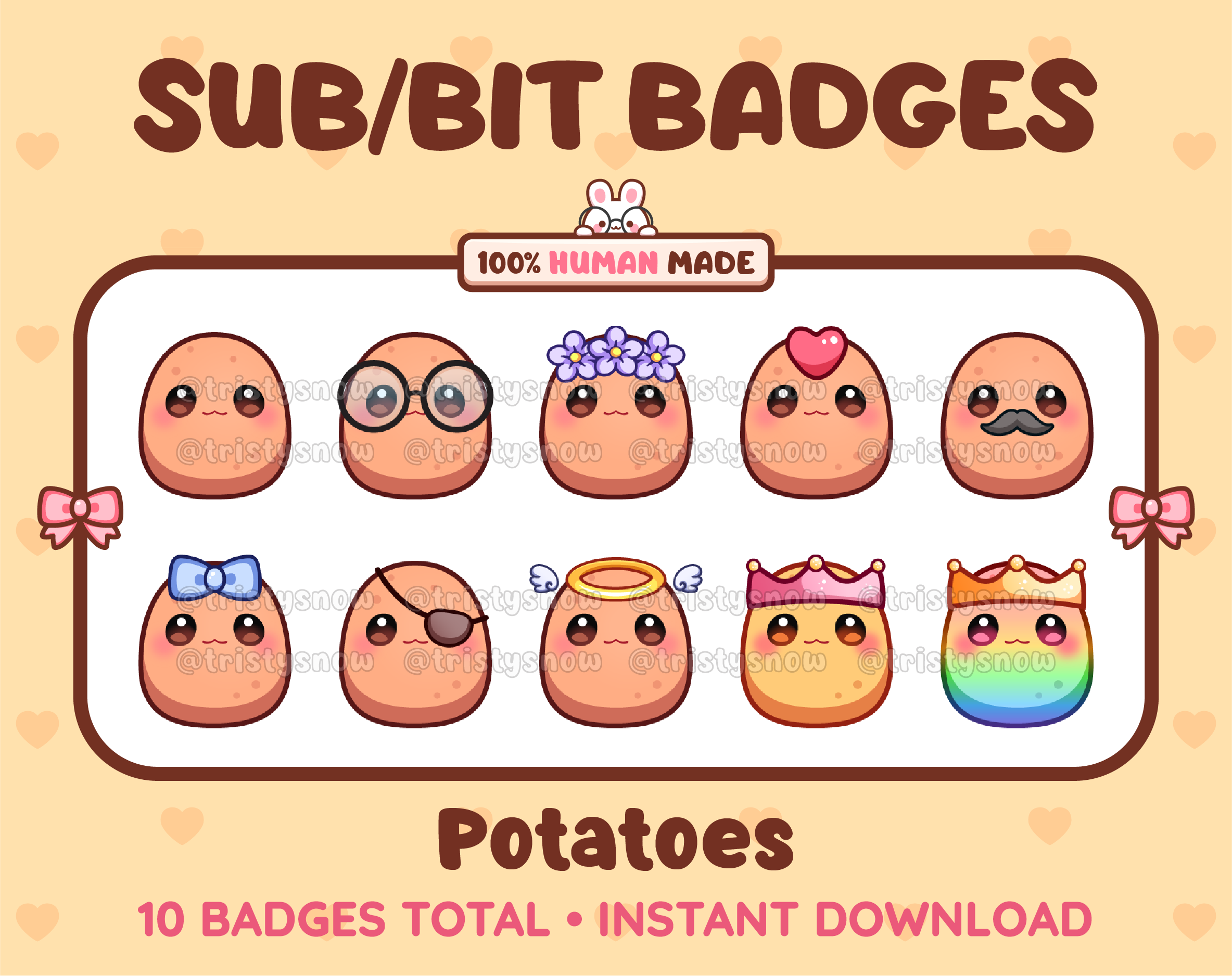 Potato Twitch sub badge pack featuring 10 subscriber badges with progressive addon elements.