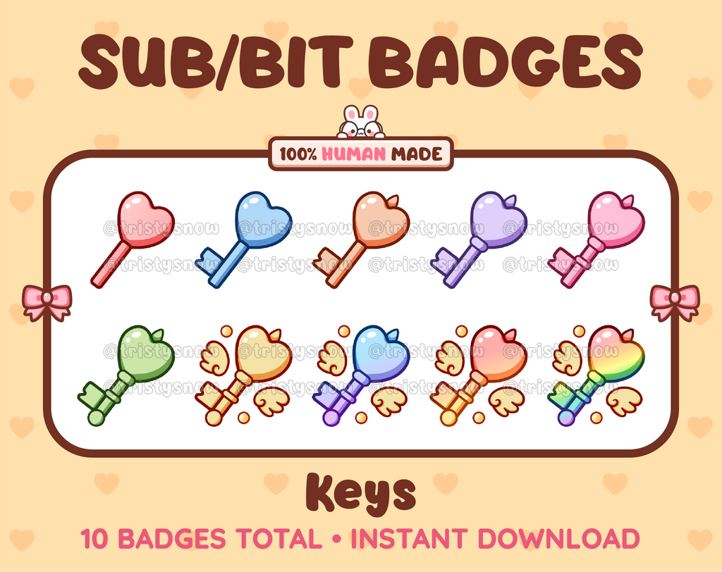 Key Twitch sub badge pack featuring 10 subscriber badges in multiple color variations.