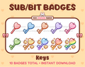 Key Twitch sub badge pack featuring 10 subscriber badges in multiple color variations.