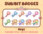 Key Twitch sub badge pack featuring 10 subscriber badges in multiple color variations.