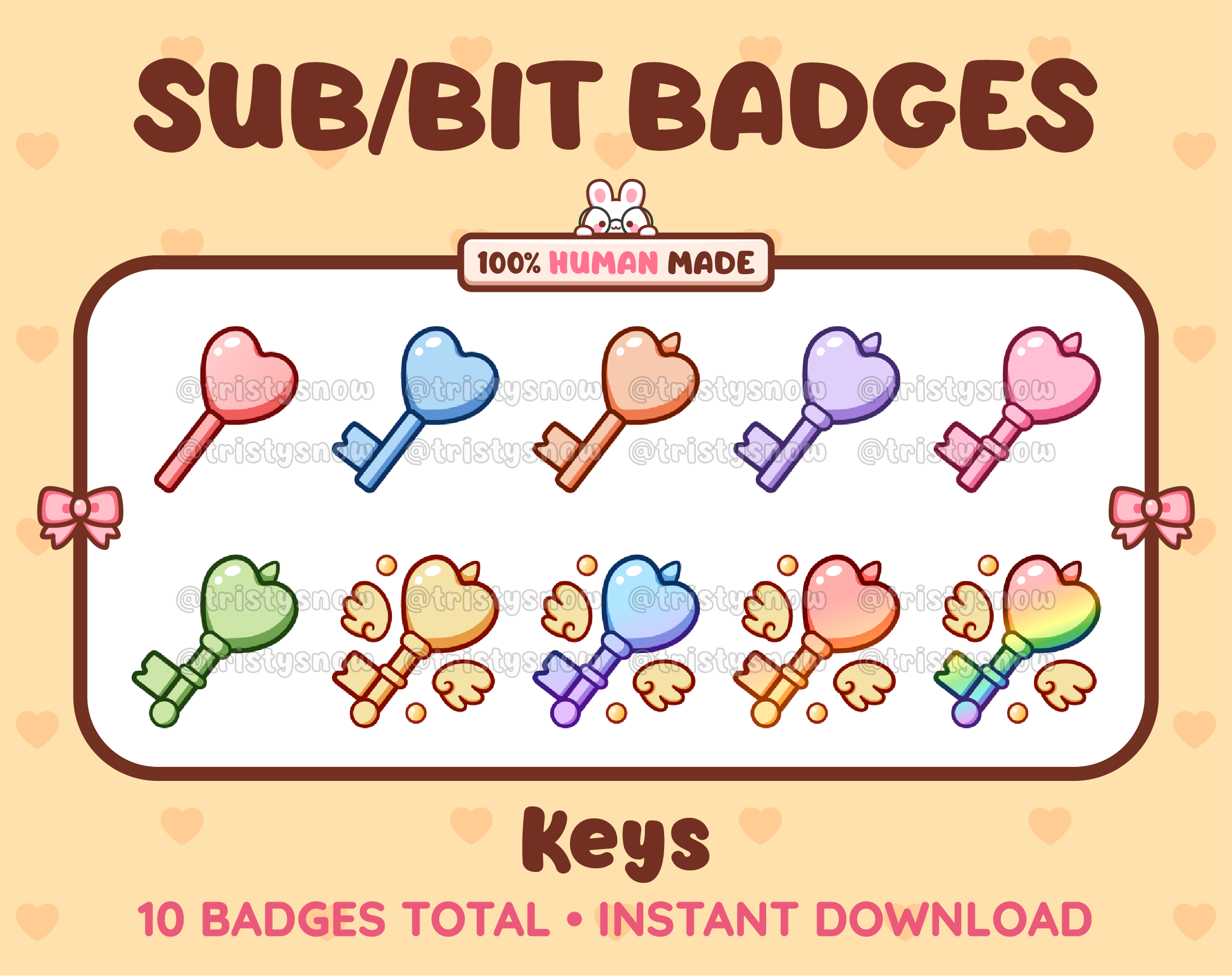 Key Twitch sub badge pack featuring 10 subscriber badges in multiple color variations.
