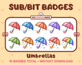 Umbrella Twitch sub badge pack featuring 10 subscriber badges in multiple color variations.