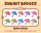 Umbrella Twitch sub badge pack featuring 10 subscriber badges in multiple color variations.