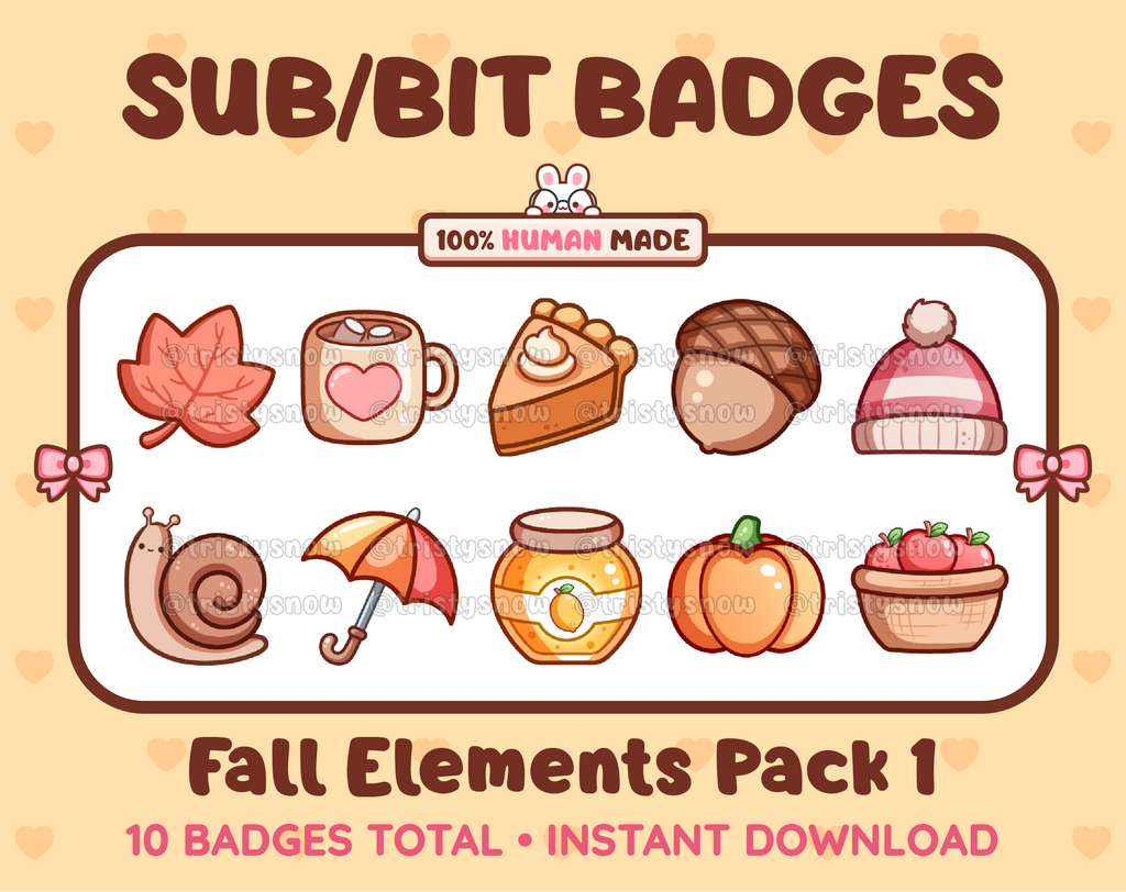 Fall Elements Twitch sub badge pack featuring 10 subscriber badges with different fall-themed designs.