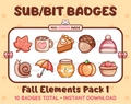 Fall Elements Twitch sub badge pack featuring 10 subscriber badges with different fall-themed designs.