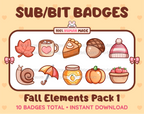 Fall Elements Twitch sub badge pack featuring 10 subscriber badges with different fall-themed designs.