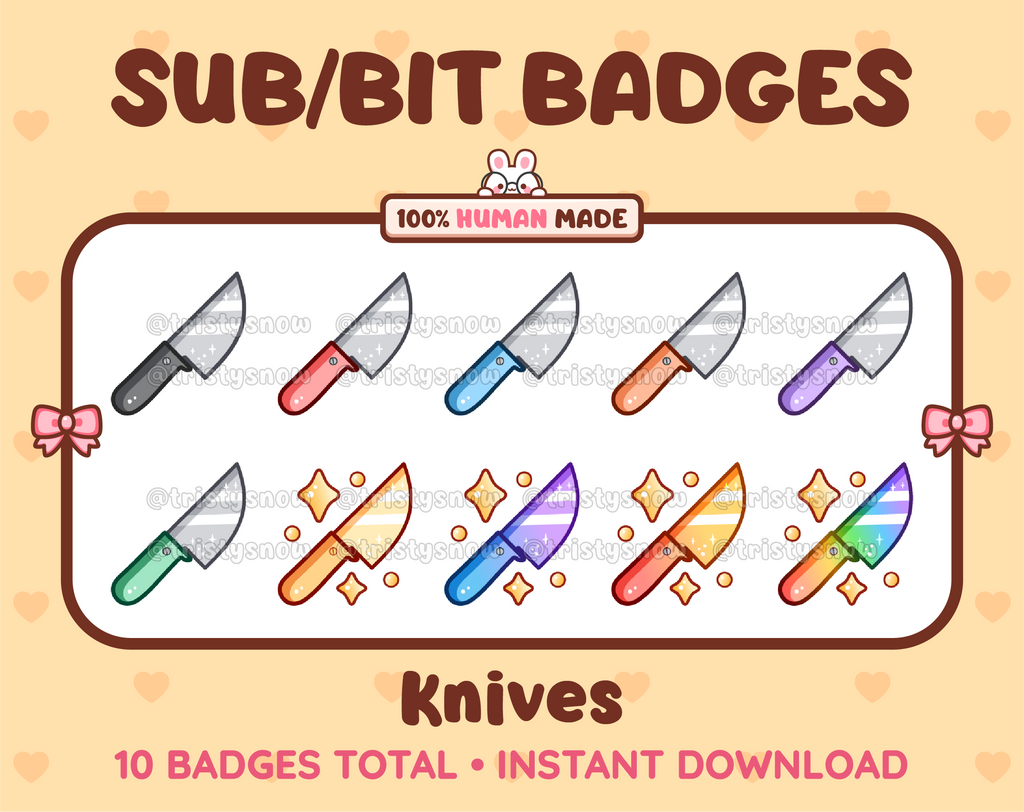 Knife Twitch sub badge pack featuring 10 subscriber badges in multiple color variations.
