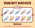 Knife Twitch sub badge pack featuring 10 subscriber badges in multiple color variations.