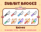 Knife Twitch sub badge pack featuring 10 subscriber badges in multiple color variations.