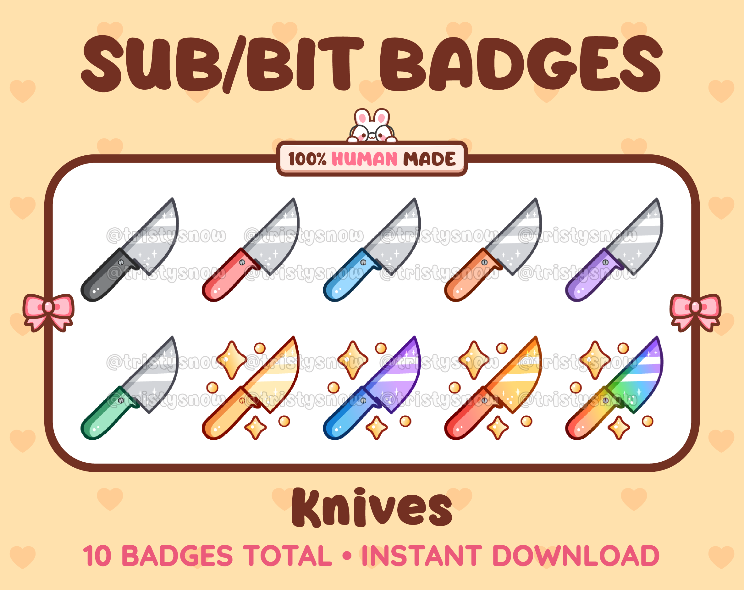 Knife Twitch sub badge pack featuring 10 subscriber badges in multiple color variations.