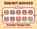 Orange tabby Cat Twitch sub badge pack featuring 10 subscriber badges with progressive addon elements.