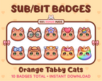 Orange tabby Cat Twitch sub badge pack featuring 10 subscriber badges with progressive addon elements.