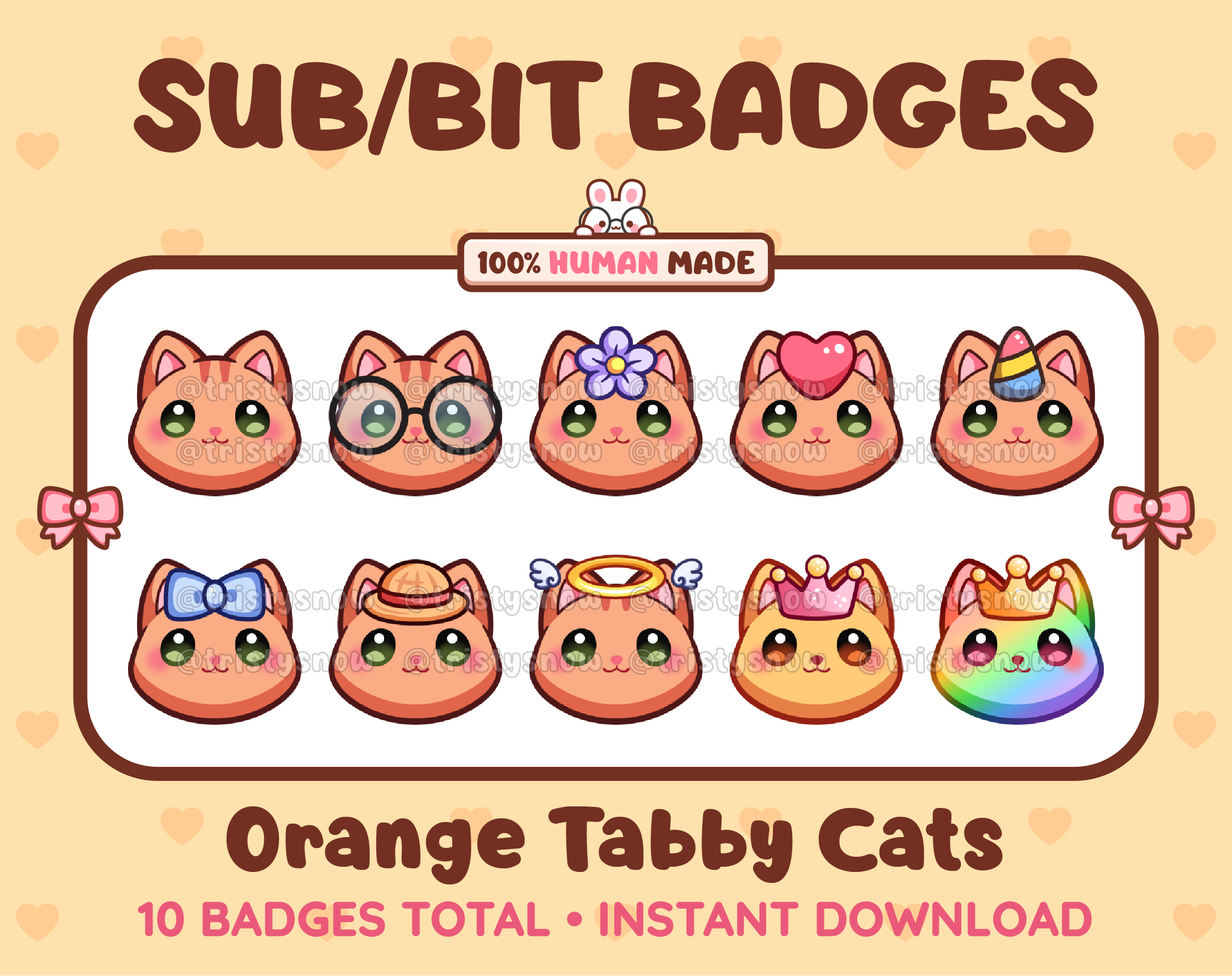 Orange tabby Cat Twitch sub badge pack featuring 10 subscriber badges with progressive addon elements.