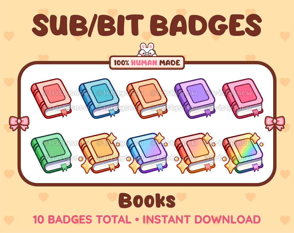 Book Twitch sub badge pack featuring 10 subscriber badges in multiple color variations.